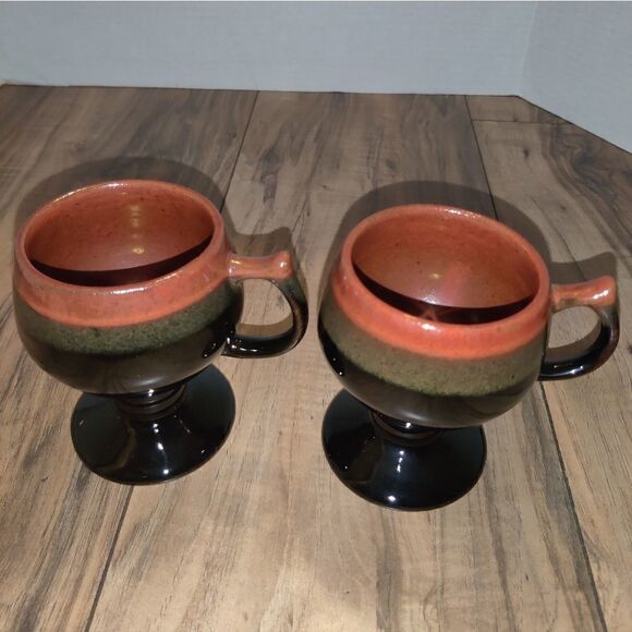 Set of 2 Brown Glaze Footed Pedestal 4½" Tall Coffee Mugs Goblets - Picture 1 of 6